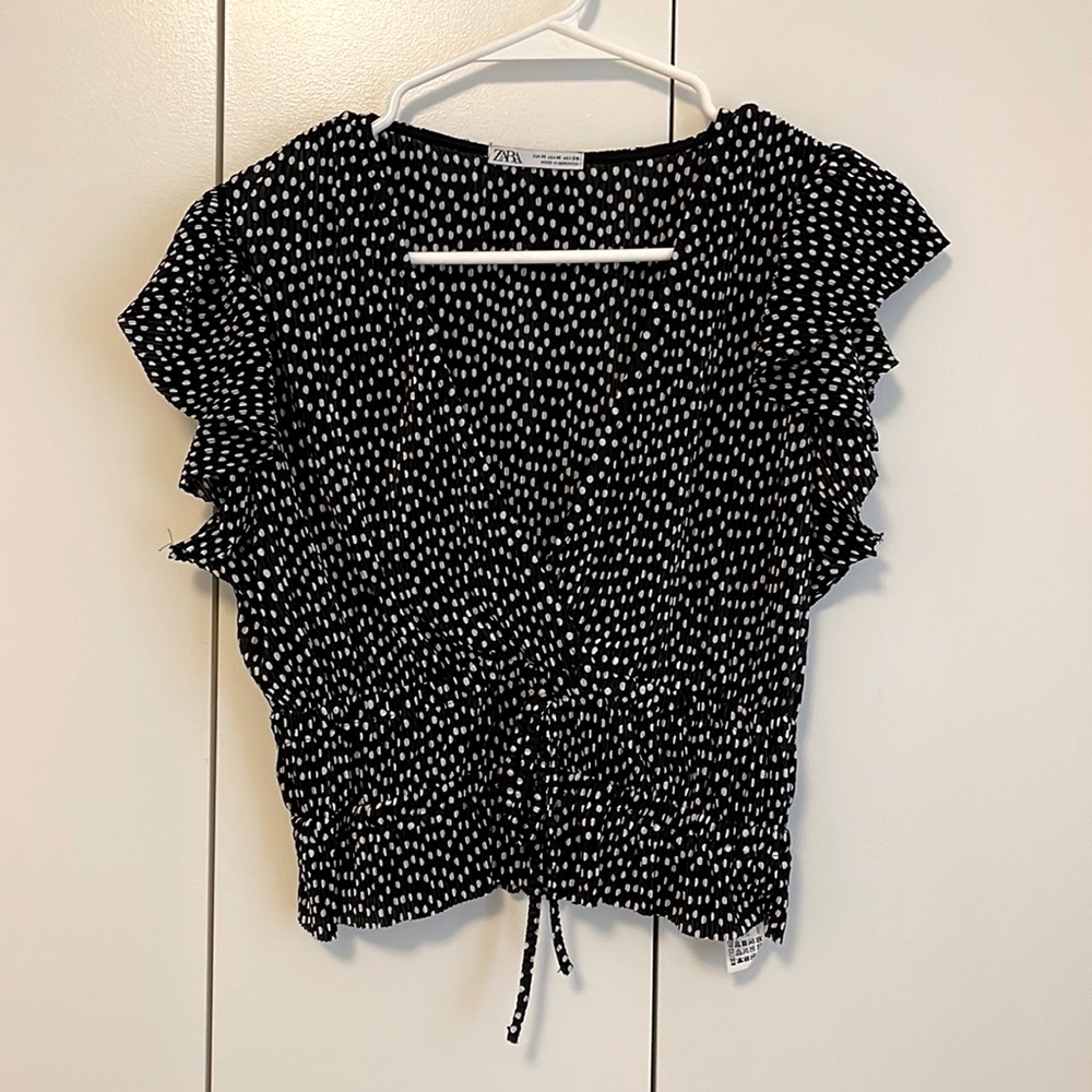 Zara Black White Polka Dot Pleated Top, Size M
